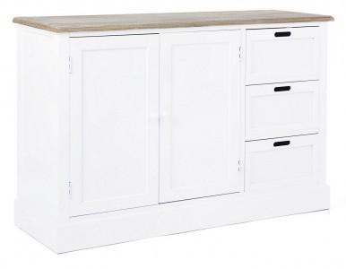 Comoda din lemn de Paulownia si MDF, cu 3 sertare si 2 usi Dorotea Alb / Natural, l123xA40xH82 cm