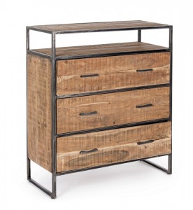 Comoda din lemn de salcam si metal, cu 3 sertare, Elmer Natural, l90xA40xH105 cm