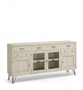 Comoda cu vitrina din lemn si metal, cu 7 sertare si 4 usi, Muria Stejar White Wash / Negru, l170xA40xH85 cm