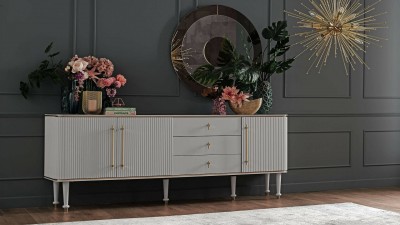 Comoda din MDF si pal, cu 3 sertare si 3 usi Olivia Crem / Auriu, l220xA48xH80 cm