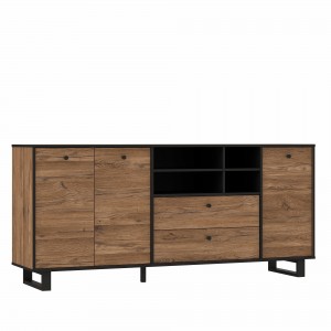 Comoda din metal si pal, cu 2 sertare, 3 usi si LED inclus Sedna Stejar / Negru, l180,8xA42xH81,6 cm