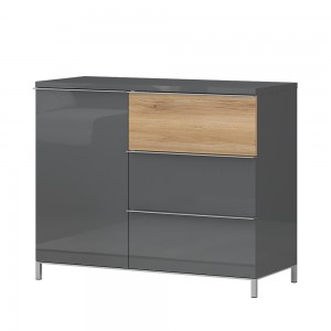 Comoda din pal, cu 1 usa si 3 sertare, Onyx Small Antracit / Nuc Pacific , l106xA45xH88 cm