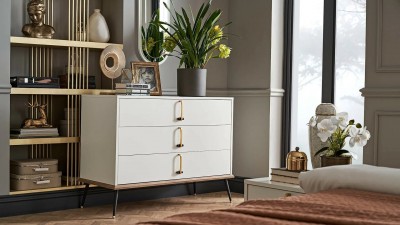 Comoda din pal, cu 3 sertare Larina Alb / Natur, l110,4xA47,5xH82,6 cm