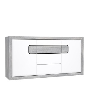 Comoda din pal, cu 3 sertare si 2 usi Torrin Stejar Ice Grey / Alb, l165,4xA41,7xH85 cm