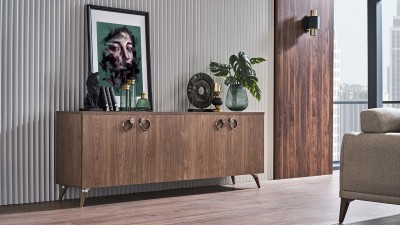 Comoda din pal, cu 4 usi, Clara Nuc, l213,6xA46,8xH80 cm