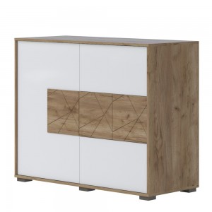 Comoda din pal si MDF, cu 3 sertare si 1 usa, Stela K13/ST Alb / Stejar Tobacco, l121xA51xH98 cm