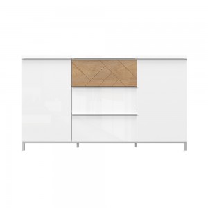 Comoda din pal si MDF, cu 3 sertare si 2 usi, Avis K23/AV Large Alb / Nuc Pacific, l152xA45xH88 cm