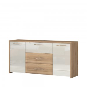 Comoda din pal si MDF, cu 3 sertare si 2 usi, Gala K23/GL Bej / Nuc Pacific, l170xA46xH83 cm