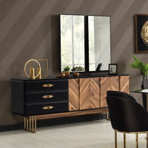 Comoda din pal si MDF, cu 3 sertare si 6 usi Monaco Negru / Natural, l205xA49xH84 cm