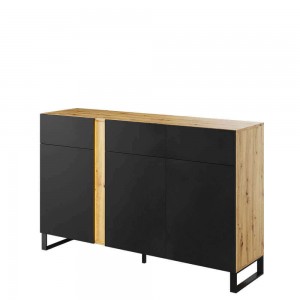 Comoda din pal si MDF, cu 3 usi, 3 sertare si LED inclus, Mono 07 Stejar Evoke / Negru Mat, l150xA41xH95 cm