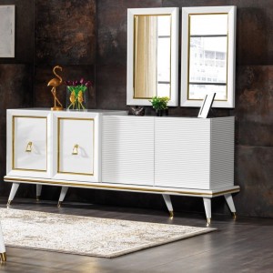 Comoda din pal si metal, cu 4 usi Toscana Alb / Auriu, l192xA50xH81 cm