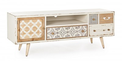 Comoda TV din lemn de brad si MDF, cu 1 sertar si 2 usi Aurelie Ivoir / Natural, l150xA40xH54 cm