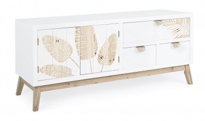 Comoda TV din lemn de brad si MDF, cu 3 sertare si 2 usi Folium Alb / Natural, l120xA40xH52 cm