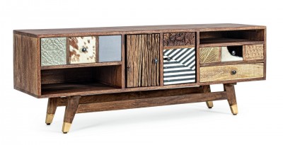 Comoda TV din lemn de mango, cu 3 sertare si 2 usi, Dhaval Multicolor / Natural, l140xA40xH48 cm