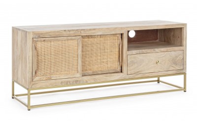 Comoda TV din lemn de mango, ratan si metal, cu 1 sertar si 2 usi glisante, Exor Natural / Auriu, l130xA40xH56 cm