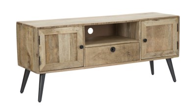 Comoda TV din lemn de mango si metal, cu 1 sertar si 2 usi Belgrado Natural / Negru, l130xA38xH57 cm