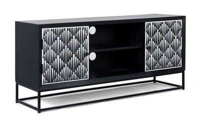 Comoda TV din lemn de mango si metal, cu 2 usi Janesh Alb / Negru, l130xA40xH60 cm
