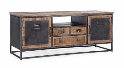 Comoda TV din lemn de mango si metal, cu 3 sertare si 2 usi Rupert Grafit / Natural, l125xA40xH50 cm