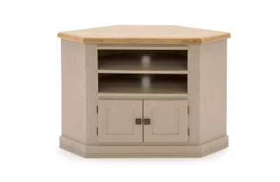 Comoda TV din lemn de stejar si furnir, cu 2 usi Logan Corner Taupe, l120xA60xH83,5 cm