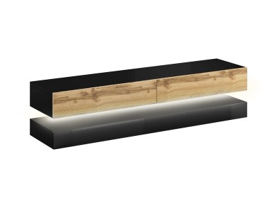 Comoda TV din MDF si pal, cu 2 sertare si LED inclus, Cosmina Negru / Stejar Wotan, l140xA33,8xH45 cm