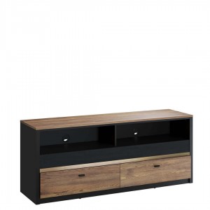 Comoda TV din pal, cu 2 sertare Belize 06 Large Negru / Stejar Versailles, l150xA43xH62 cm