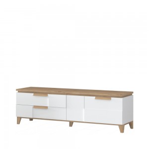 Comoda TV din pal, cu 2 sertare si 2 usi, Brio Alb / Nuc Pacific, l180xA46xH56 cm