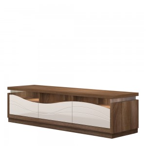 Comoda TV din pal, MDF si sticla, cu 3 sertare si LED inclus, Nica Bej / Nuc Aida, l180xA50xH48 cm