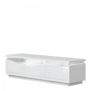 Comoda TV din pal, MDF si sticla, cu 3 sertare si LED inclus, Nica TVL Alb, l180xA50xH48 cm