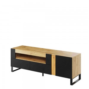 Comoda TV din pal si MDF, cu 1 usa, 2 sertare si LED inclus, Mono 03 Stejar Evoke / Negru Mat, l150xA41xH52 cm