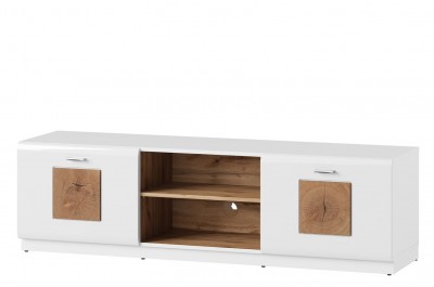 Comoda TV din pal cu 2 usi Wood 25 Alb / Stejar Wotan, l154xA40xH44 cm