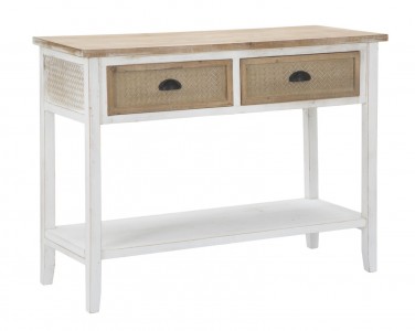Consola din lemn de brad si MDF, cu 2 sertare Marrakech Alb / Natural, l110xA40xH82 cm
