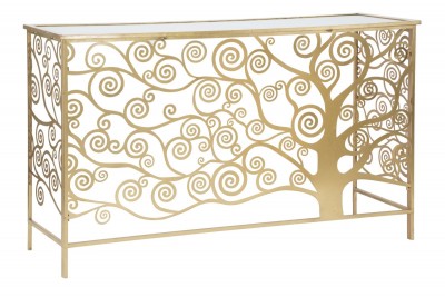 Consola din metal si sticla, Tree of Life Auriu, l141,5xA40,5xH81,5 cm
