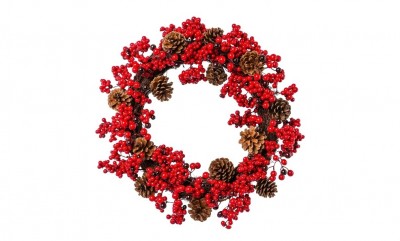 Coronita decorativa din flori artificiale si conuri, Berry Cones Rosu / Maro, Ø50 cm