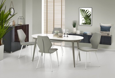 Set masa extensibila din metal si MDF Crismon White / Grey + 4 Scaune Kai-249 Grey / White, L160-200xl90xH76 cm
