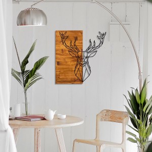 Decoratiune de perete, din lemn si metal, Deer 1 Nuc / Negru, l56xA3xH58 cm