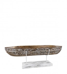 Decoratiune din lemn de albasia, Ethnic Boat Natural / Alb, L70xl15xH25 cm