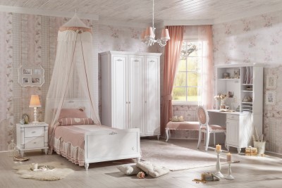 Set Mobila dormitor din pal, pentru copii si tineret 5 piese Romantica White