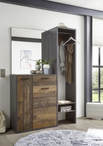 Dulap hol cu oglinda si cuier, din pal cu 2 usi si 1 sertar, Emelia Gri Inchis / Natur, l126xA38xH192 cm