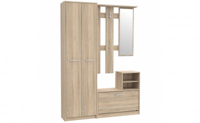 Dulap hol cu oglinda, cuier si pantofar, din pal cu 3 usi Nikita Stejar Sonoma, l135xA28xH190,8 cm