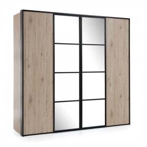 Dulap din pal cu 4 usi si oglinda, Glass Loft Natural / Negru, l214xA63xH207 cm