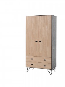 Dulap din lemn de pin si mesteacan cu 2 usi si 2 sertare, pentru copii si tineret William Natural / Negru, l99,9xA57xH205 cm