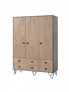 Dulap din lemn de pin si mesteacan cu 3 usi si 4 sertare, pentru copii si tineret William Natural / Negru, l148,8xA57xH205 cm