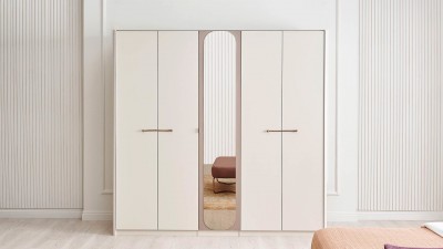 Dulap din pal, 5 usi si oglinda, Nicole Crem, l225,7xA60,8xH218,7 cm