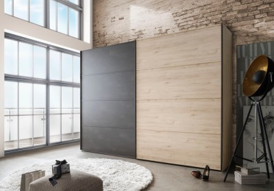 Dulap din pal cu 2 usi glisante, Bruxelles Large Stejar / Grafit, l250xA67xH236 cm