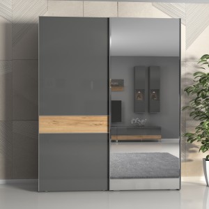 Dulap din pal cu 2 usi glisante si oglinda, Onyx Small Antracit / Nuc Pacific, l182xA61xH224 cm