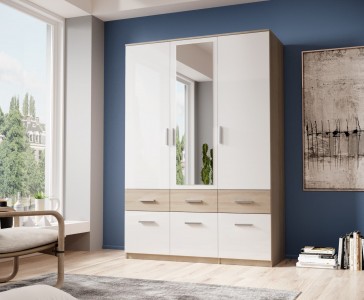 Dulap din pal cu 3 usi, 6 sertare si oglinda, Boxy Small Alb / Stejar, l135xA55xH198 cm