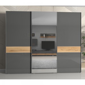 Dulap din pal cu 3 usi glisante si oglinda, Onyx Large Antracit / Nuc Pacific, l272xA61xH224 cm