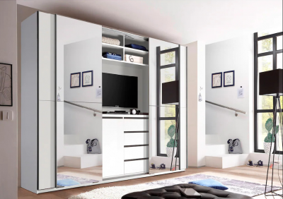 Dulap din pal cu 4 usi glisante si oglinda, Ynema Alb, l270xA60xH226 cm