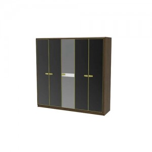 Dulap din pal cu 5 usi si oglinda, Carbon Nuc / Negru, l224,9xA63,3xH220,2 cm