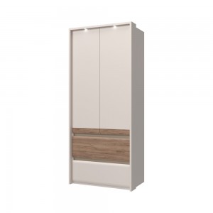 Dulap din pal si MDF, cu 2 usi, 2 sertare si LED inclus, Invictus P22/IC Stejar Tobacco / Crem, l97xA60xH226 cm